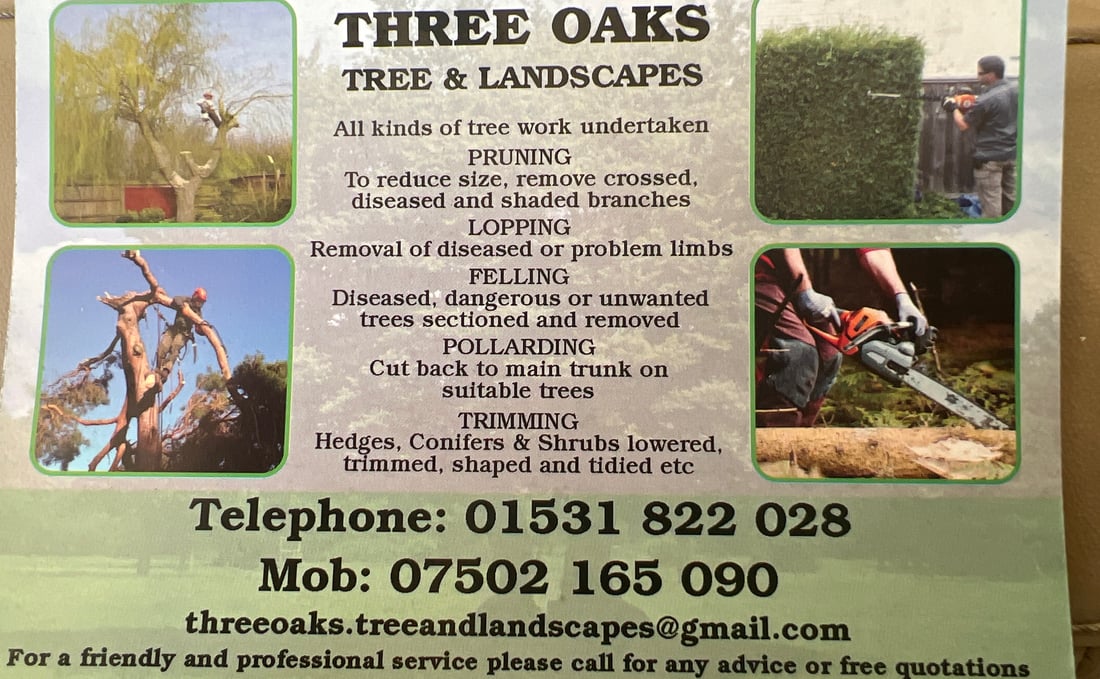 Main header - "Three Oaks Tree and Landscapes"