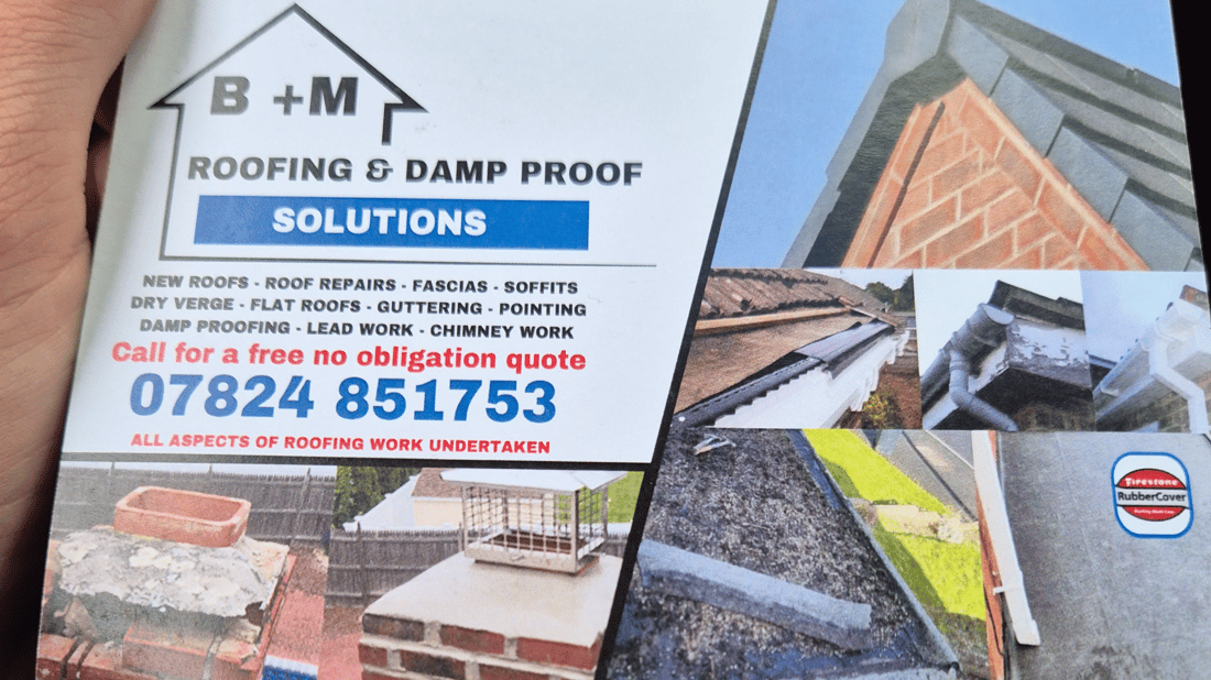 Main header - "B & M Roofing Damp Proofing"