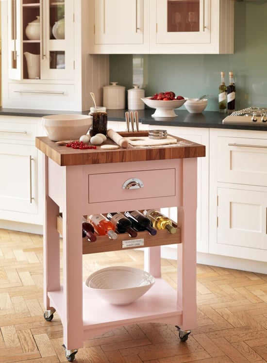 pink butchers block in kitchen