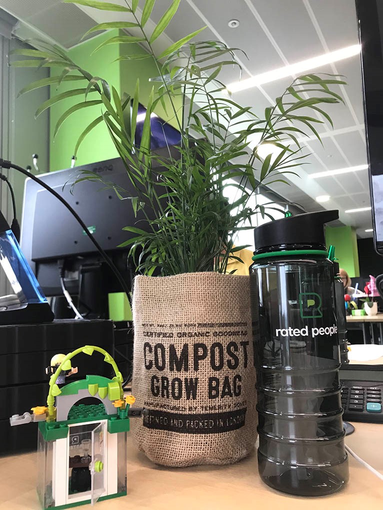 rated people water bottle and office plant
