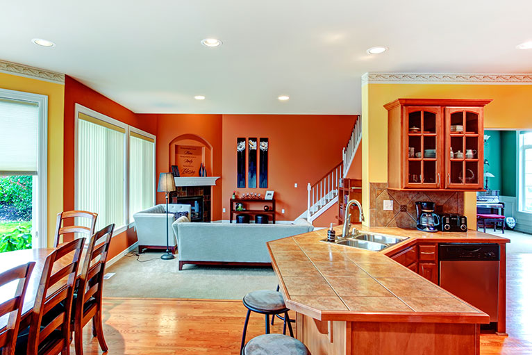 Orange living room with blue features.