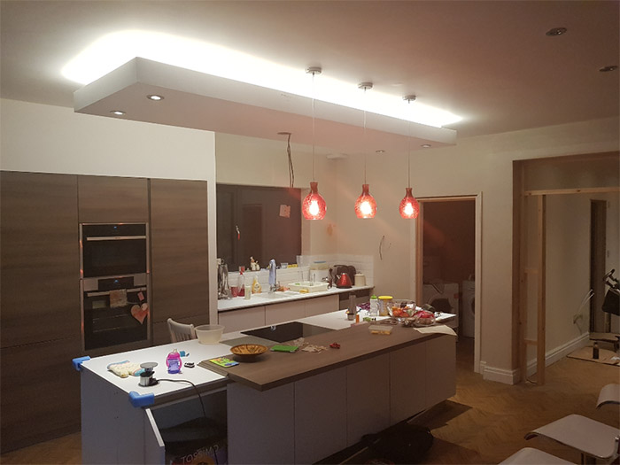spotlights and ceiling lights installation on top of kitchen island