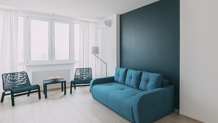 Blue sofa against a blue feature wall