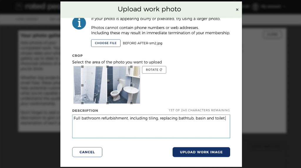 Pop-up box titled 'Upload work photo', showing before and after photos of a bathroom refurbishment being uploaded