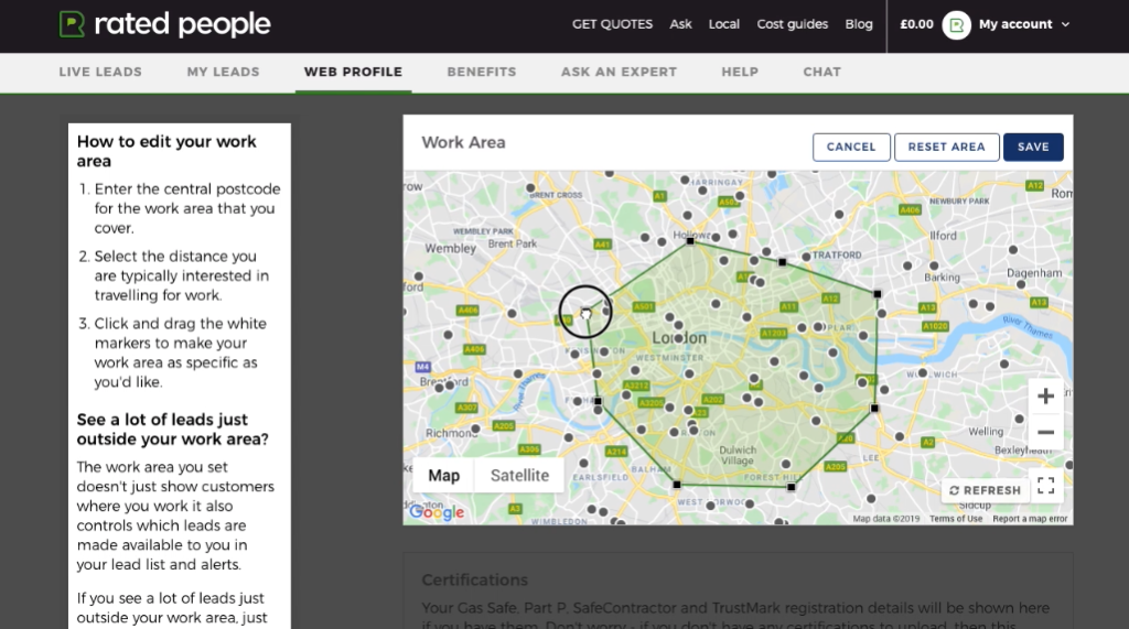 'Work Area' pop up box within the 'Web profile' section of a tradesperson's Rated People account, displaying a section of a map of London
