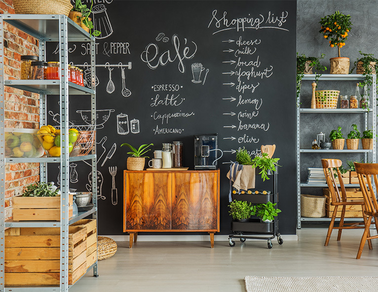 Rustic kitchen with blackboard shopping list