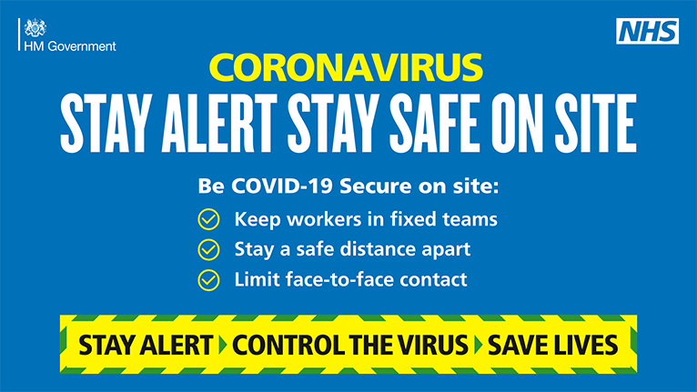 Coronavirus banner messages: keep workers in fixed teams, stay a safe distance apart, limit face to face contact