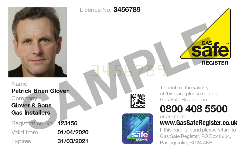 Front of a sample Gas Safe ID card with an image, the name and validity date of the engineer