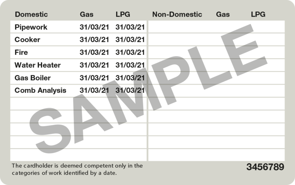 Back of a sample Gas Safe ID card listing the jobs that the engineer can complete