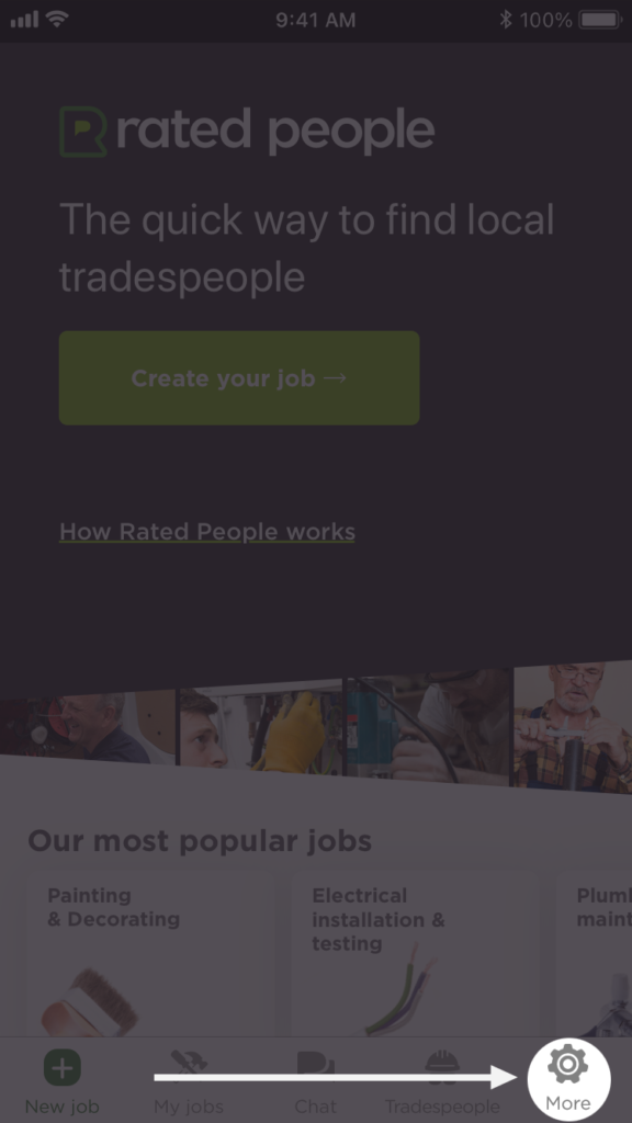 Login screen of the Rated People homeowner app with the "More" option highlighted in the bottom right corner.
