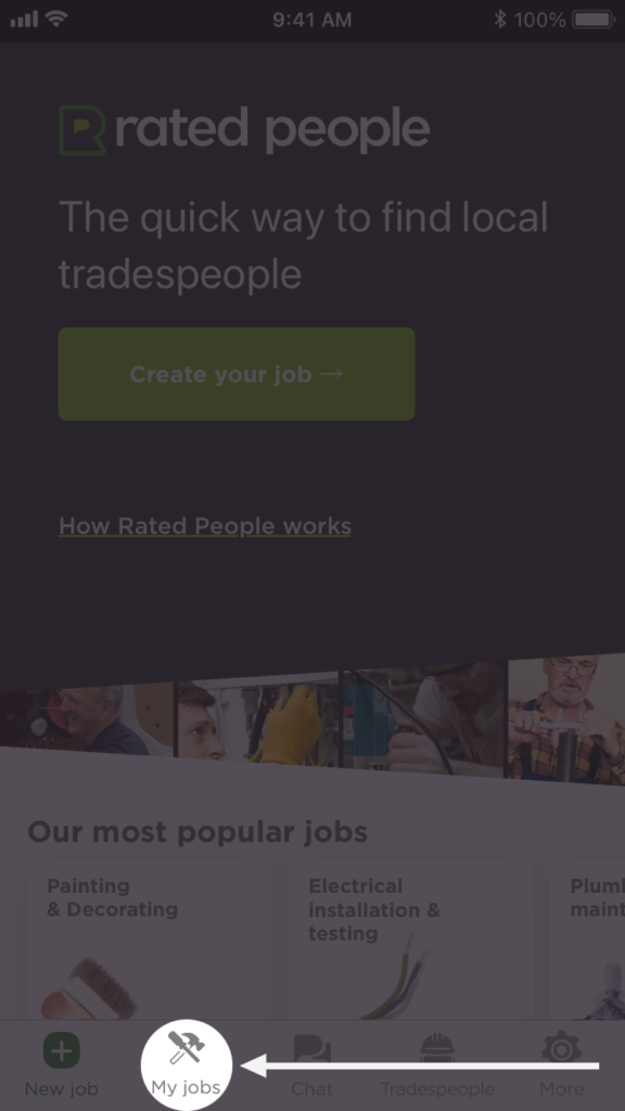 Login screen of the Rated People homeowner app with the "My jobs" option highlighted on the bottom navigation bar.