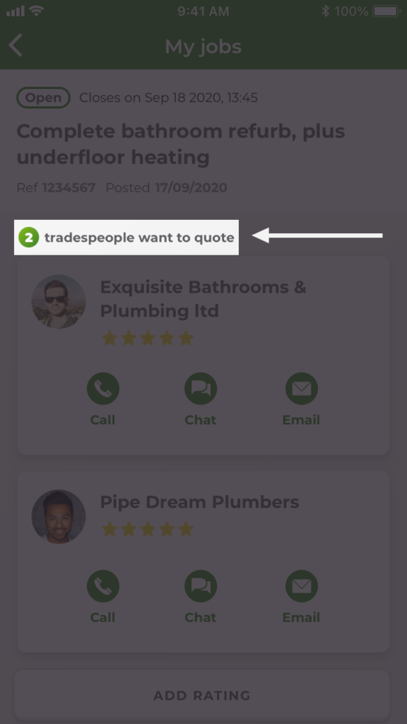 "My jobs" screen of the Rated People homeowner app with "2 tradespeople want to quote" highlighted.
