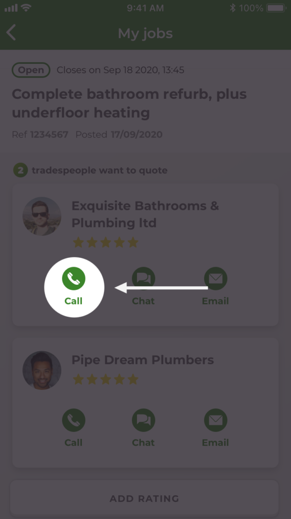 "My jobs" screen of the Rated People homeowner app with "Call" button highlighted highlighted.