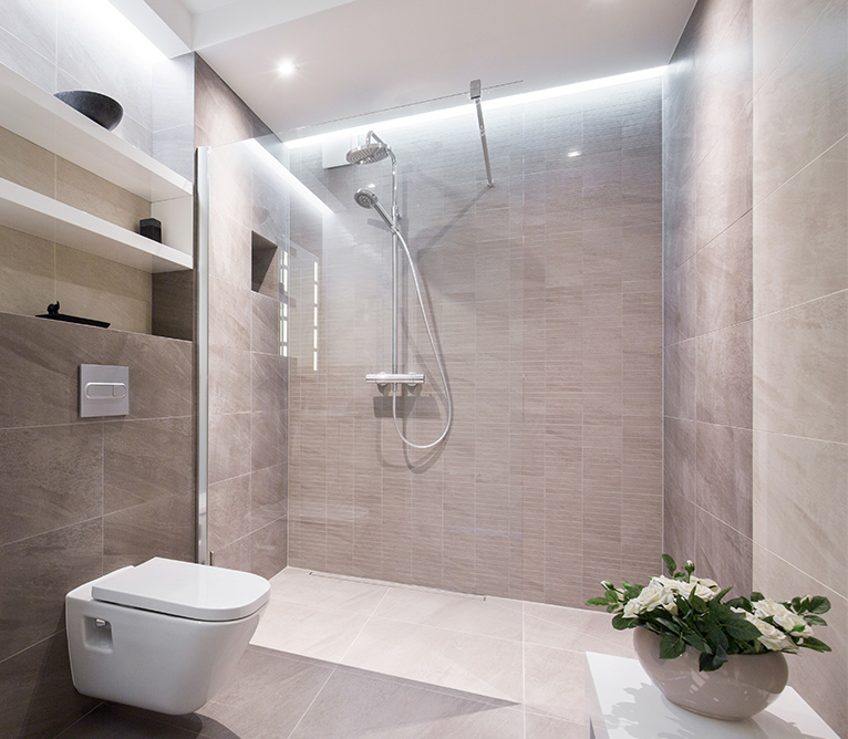 Modern bathroom with walk-in shower, spotlights and a wall mounted toilet