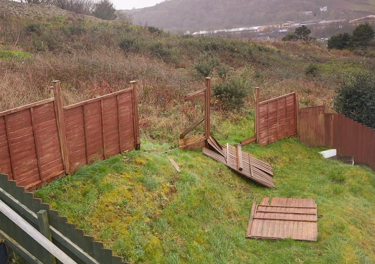 Storm damage: Broken garden fence in North Devon during Storm Ciara