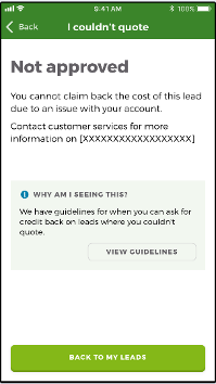 'Not approved' reason on the 'I couldn't quote' page on the Rated People Trades app