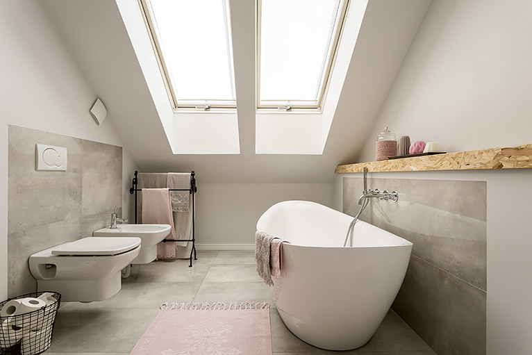 Bathroom ideas with grey tiles and pink accents
