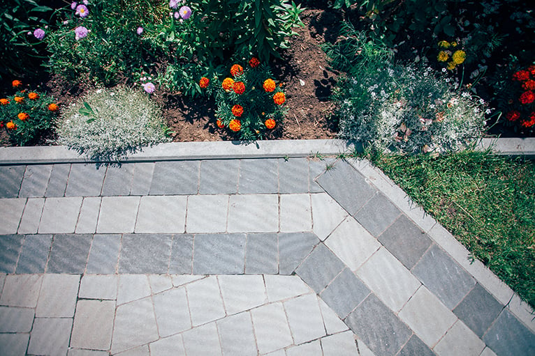 Paved garden pathway with edging plants