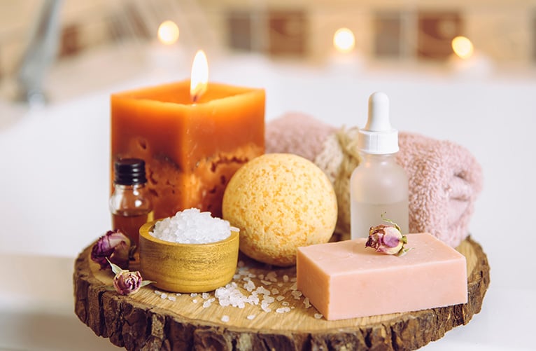 Bath toiletries and candle
