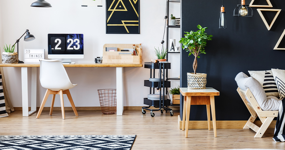 Stylish home office in a Scandinavian style living room.