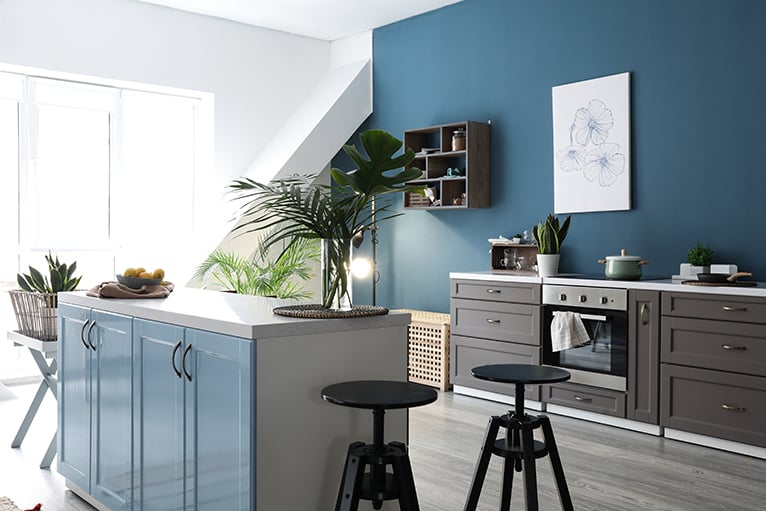 Kitchen with blue walls and cabinets