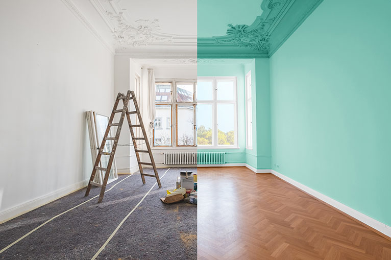 Before and after photo of painted room
