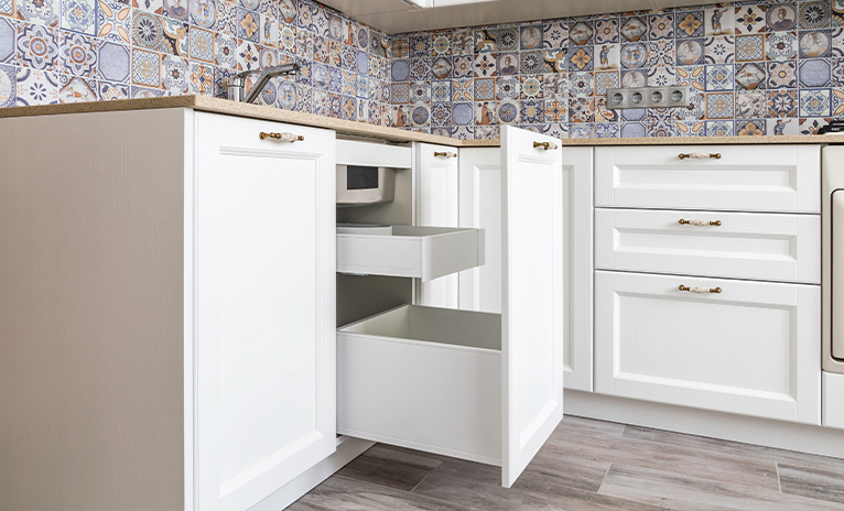 Kitchen cabinets with storage drawers