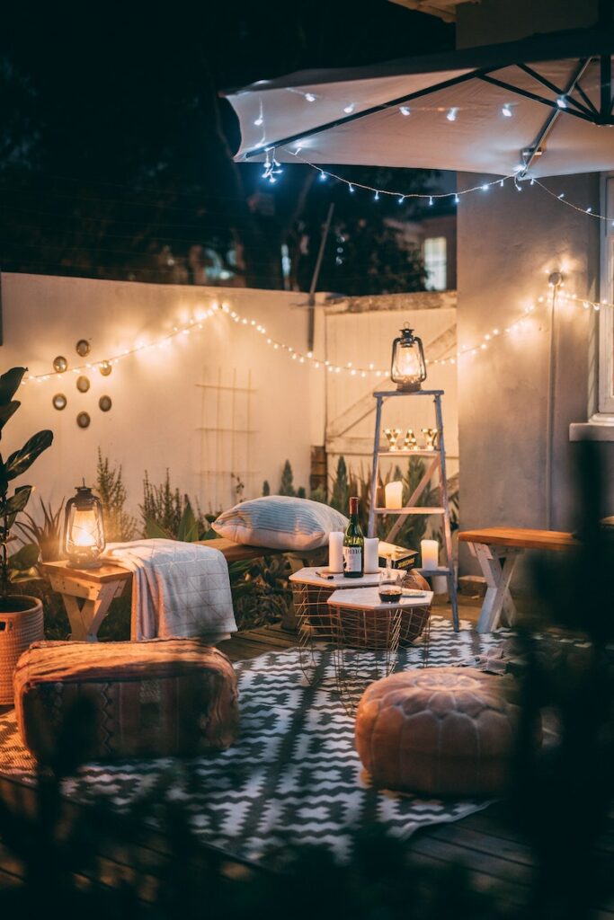 Cosy fabric garden furniture and fairy lights