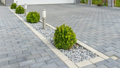 Plants and decorative pebbles in driveway edging