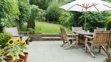 Garden with paved patio and lawn