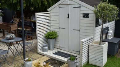 Garden shed with doorstep, used as crafts room