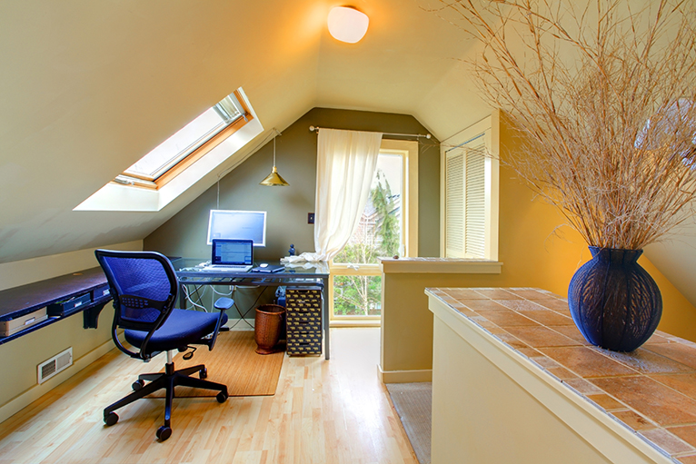 Home office with skylight and downlight