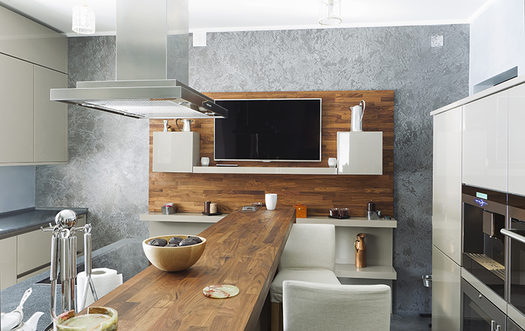 Modern kitchen with wood on feature wall