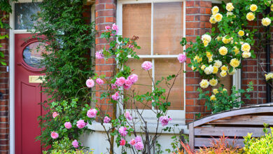 English home with bright flowers outside
