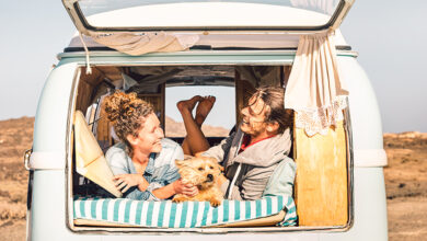 People and dog enjoying camper van