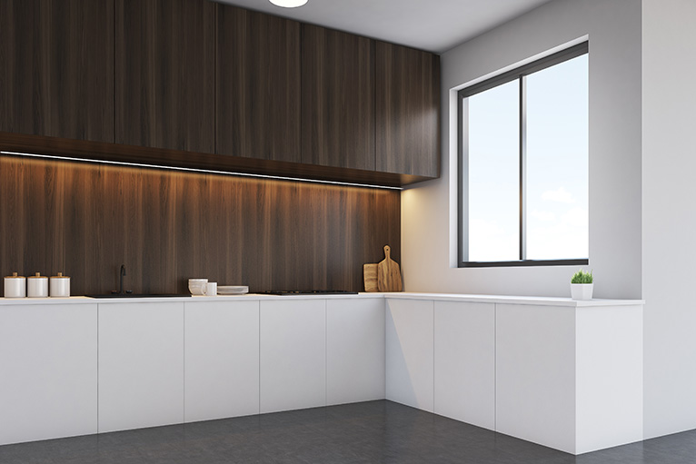 Minimalist kitchen with wood and white colour scheme