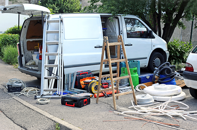 Tools and equipment next to van