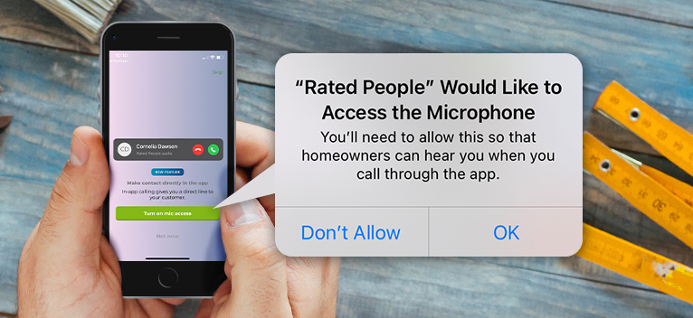 Phone screen showing the 'Mic Permissions' screen for Rated People's in-app calling feature