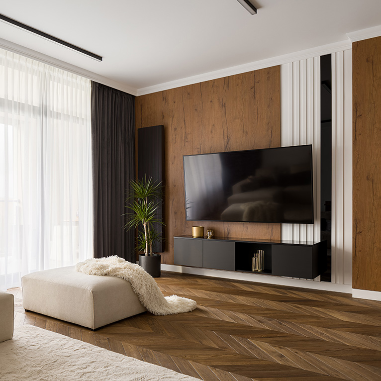 Room with wooden floor and wall panels