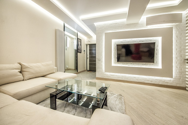 White interior with recessed LED lighting