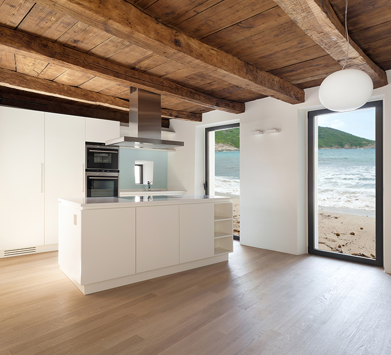 Open plan kitchen with sea view