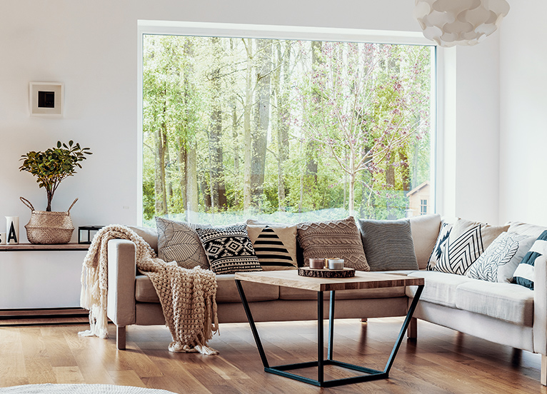 Large picture window, set back behind a couch in a modern home. Window shows wide view of forest trees. 