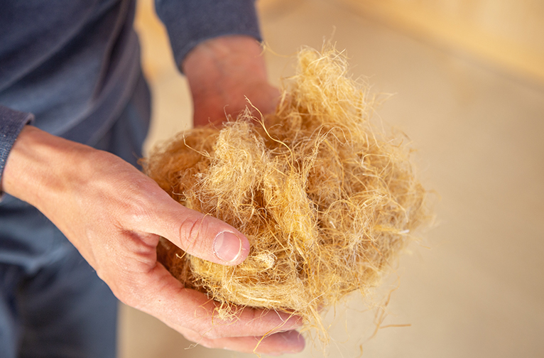 Man holding a bunch of sustainable fibres between his hands. 