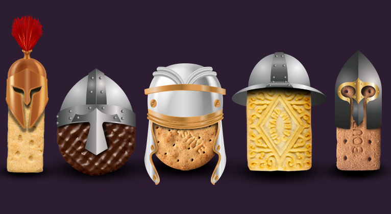 Biscuits wearing medieval helmets, ready for the battle of the biscuits survey. 