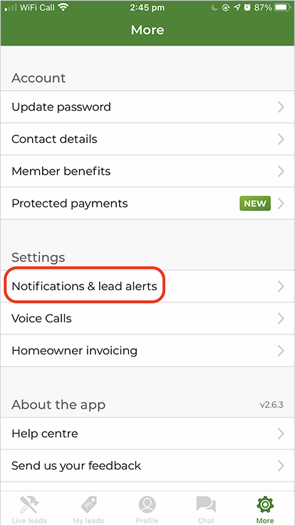Screenshot of the TRADES app showing the "Notification & lead alerts"  option