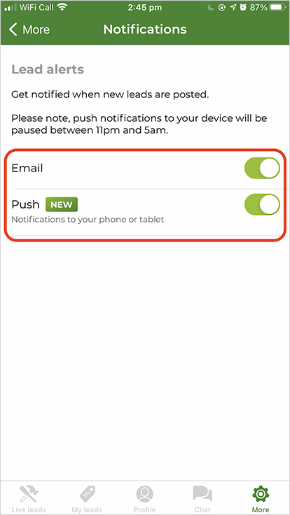 Screenshot of the TRADES app showing the "Email" and "Push"  options turned on