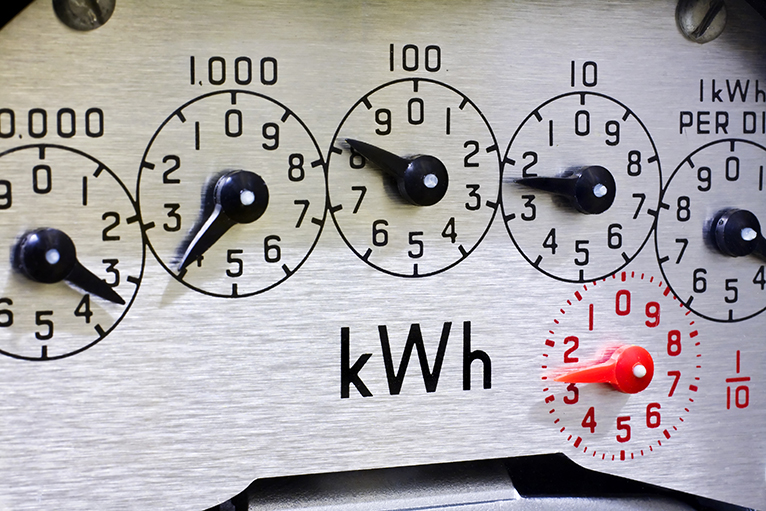 Close up of energy metre with readings in KWh.