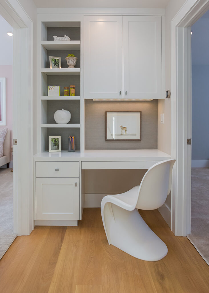 Small home office nook with a fresh white design. 
