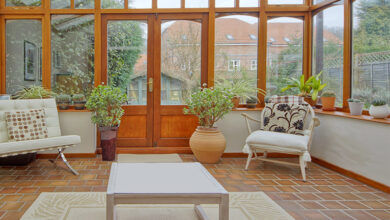 Inside of a beautiful conservatory with a wooden structure