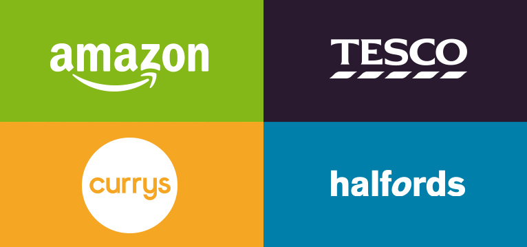 Brand images: amazon, tesco, currys and halfords.